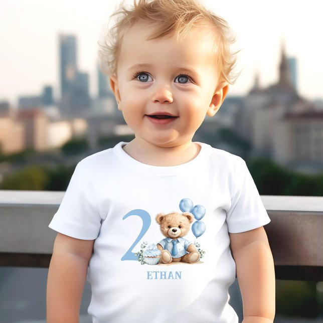 Nalle 2:a födelsedagen Namn Blue Småbarn T-shirt (Teddy Bear 2nd Birthday Name Blue Toddler T-shir)
