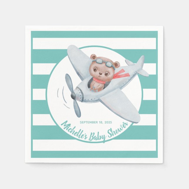 Nalle Airplan Baby Shower Gender Neutral Pappersservett (Framsidan)