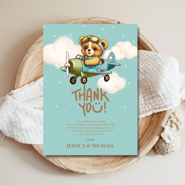 Nalle Airplan Boy Barly Wait Baby Shower Tack Kort (Teddy Bear Airplane Boy Bearly Wait Baby Shower Thank You Card)