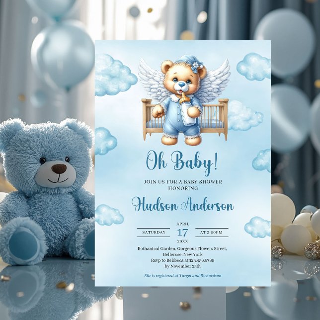 Nalle änglar vingar med baby-gräv inbjudningar (teddy bear angel in  baby crib - boy baby shower invitation)