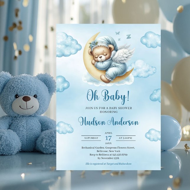 Nalle änglar vingar sover över måne inbjudningar (teddy bear sleeping over the moon with wings boy baby shower invitation)
