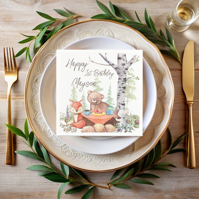 Nalle anpassningsbar av pipisk skog pappersservett (Teddy bear picnic woodlands forest animals custom napkins)