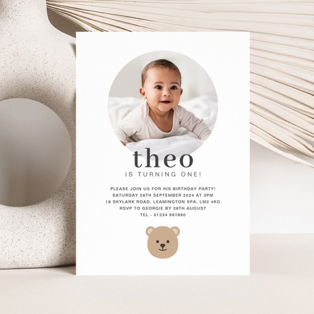 Nalle Ansikte - Fotofödelsedag Inbjudningar (Teddy Bear Face - Photo Birthday Invitation)
