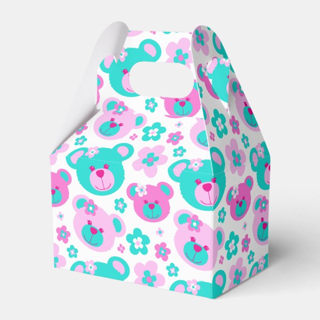 Nalle ansikte och blommor i mönstrade presentlådor (Framsidan Sidan)