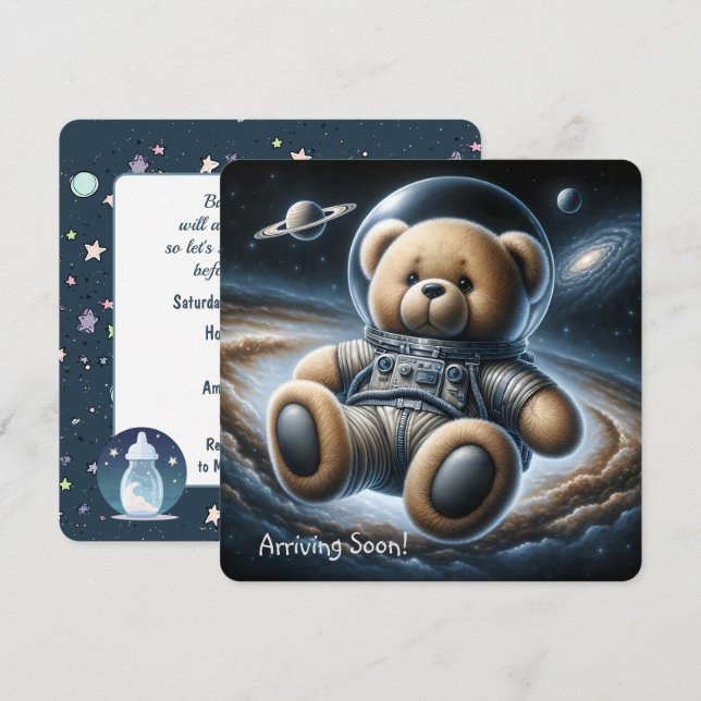Nalle Astronaut Pojke Shower Inbjudningar (Fram/baksida)