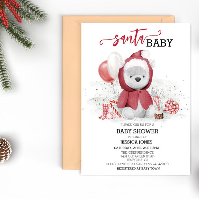 Nalle av Unge vattenfärg i Santa Baby Shower Polar Inbjudningar (Skapare uppladdad)