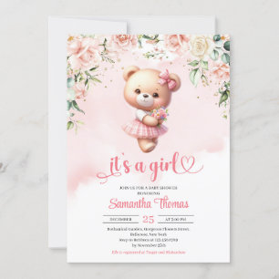 Nalle av vattenfärgad flicka med hjärta och blommo inbjudningar