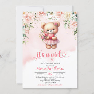 Nalle av vattenfärgad flicka med hjärta och blommo inbjudningar