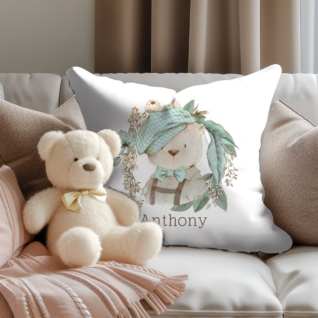 Nalle av Vintage med barnets Namn Kudde (Personalize this pillow with your child's name.)