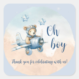 Nalle Aviator Oh Boy Baby Shower Fyrkantigt Klistermärke