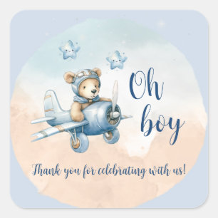 Nalle Aviator Oh Boy Baby Shower Fyrkantigt Klistermärke