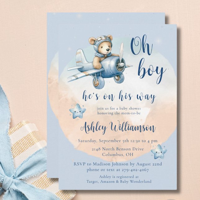 Nalle Aviator Oh Boy Baby Shower-inbjudan Inbjudningar (Skapare uppladdad)