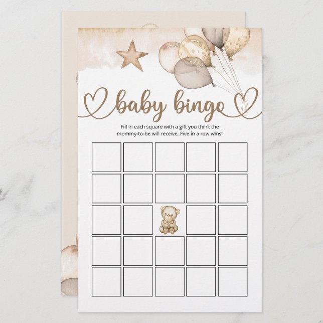 Nalle Baby Bear Baby Shower Bingo Game (Fram/baksida)