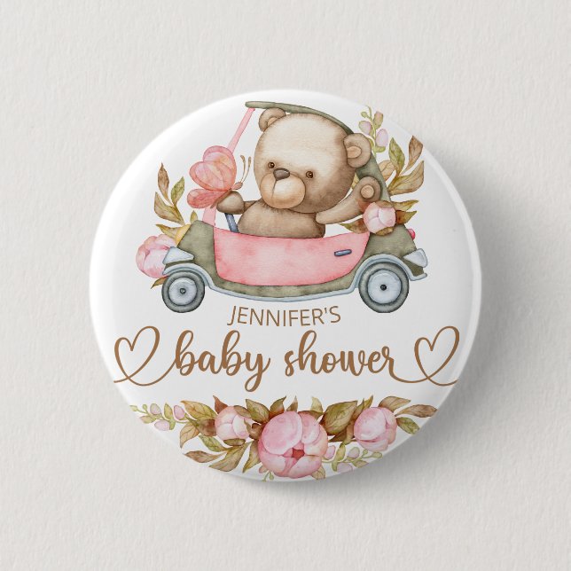 Nalle Baby Bear Baby Shower Blommigt Knapp (Framsida)