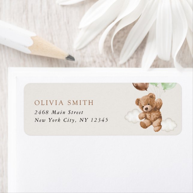 Nalle, Baby-björn, Grönt-ballonger, babyskor Returadress Etikett (Insitu)