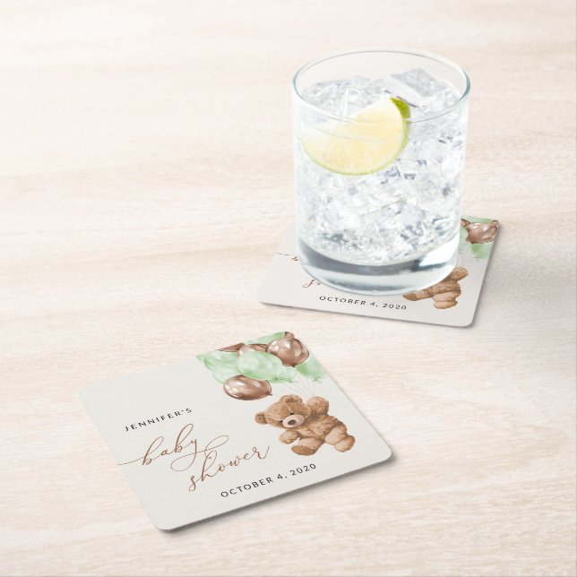 Nalle, Baby-björn, Grönt-ballonger, babyskor Underlägg Papper Kvadrat (Insitu)