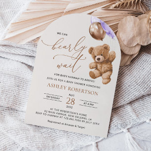 Nalle, Baby-björn, Lila-ballong, babyskor Inbjudningar