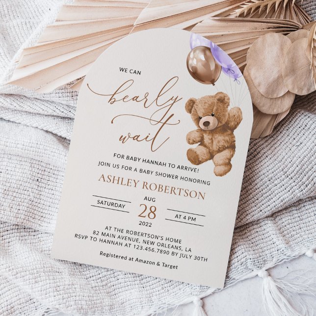 Nalle, Baby-björn, Lila-ballong, babyskor Inbjudningar (Skapare uppladdad)