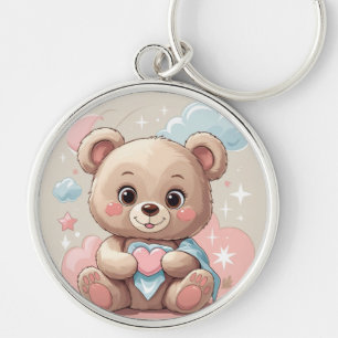 Nalle Baby - Mjuk pastelldesign Rund Silverfärgad Nyckelring