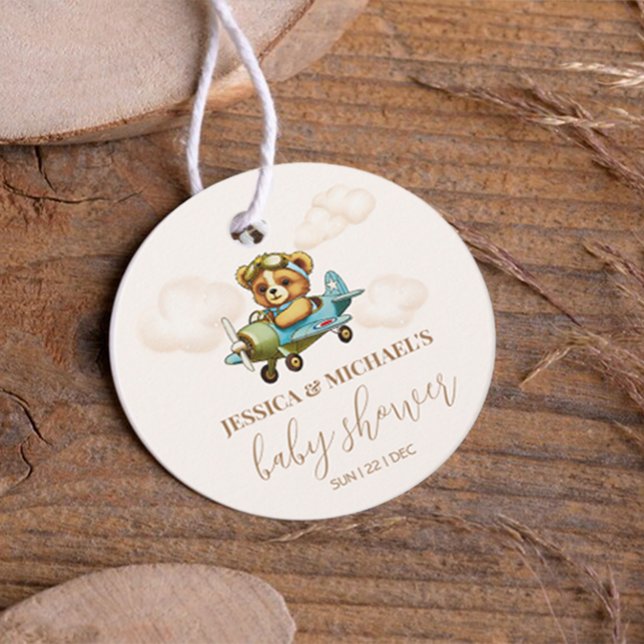 Nalle Baby Pilot Flygplanets babyskor Gåvor Etiketter (Teddy Bear Baby Pilot Airplane Baby Shower Favor Tags)