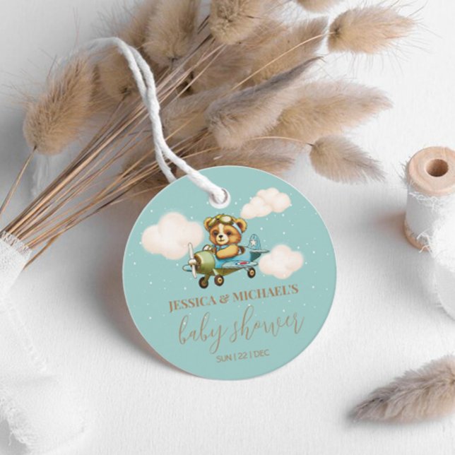 Nalle Baby Pilot Flygplanets babyskor Gåvor Etiketter (Teddy Bear Baby Pilot Airplane Baby Shower Favor Tags)