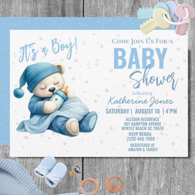 Nalle Baby Shower Blue Boy Inbjudningar (Skapare uppladdad)