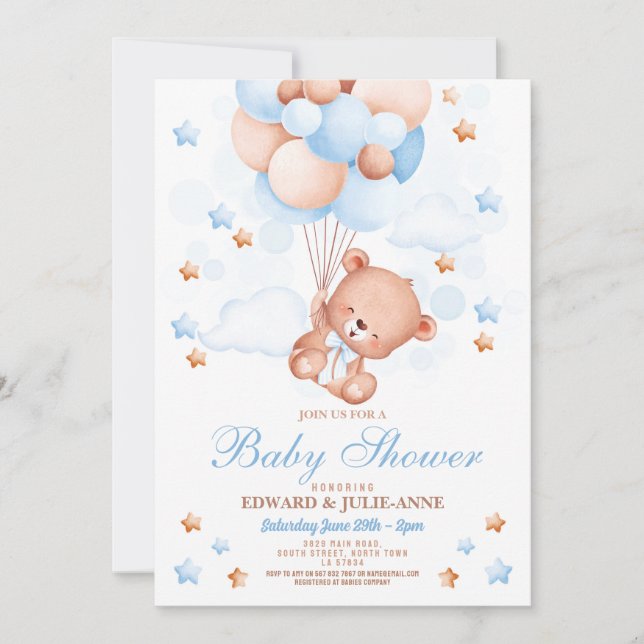 Nalle Baby Shower Boy Blue Party Inbjudningar (Framsida)