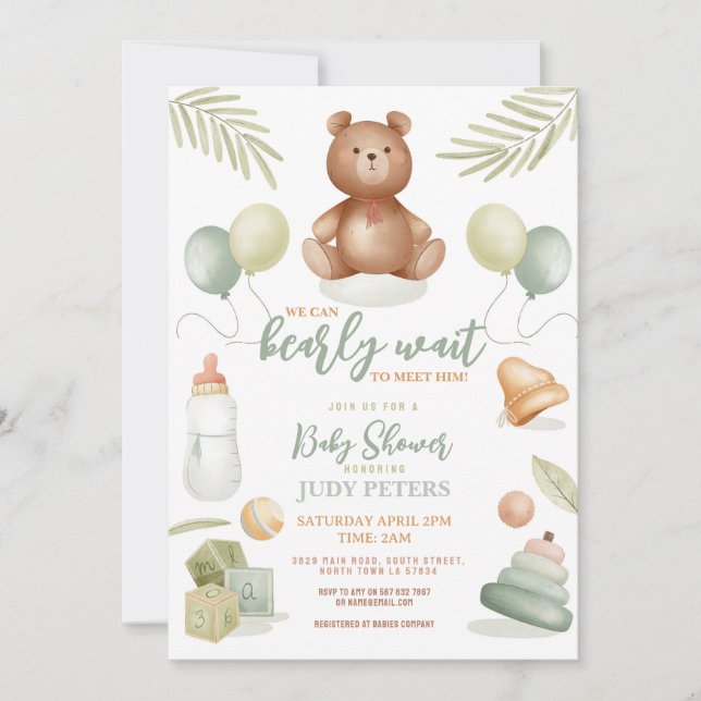 Nalle Baby Shower Boy Girl Mint Barely Wait Inbjudningar (Framsida)