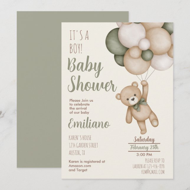 Nalle Baby Shower Boy-inbjudan Inbjudningar (Fram/baksida)
