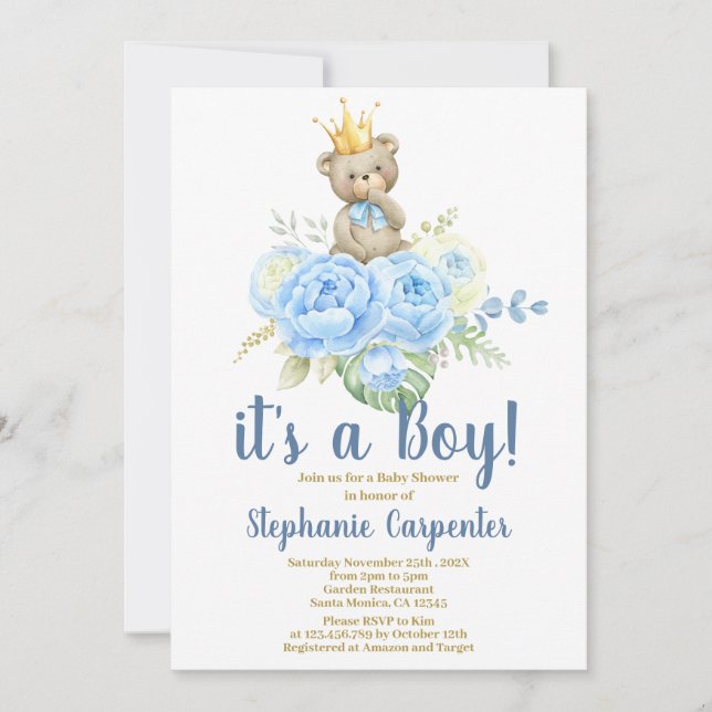 Nalle Baby Shower Boy-inbjudan Inbjudningar (Framsida)