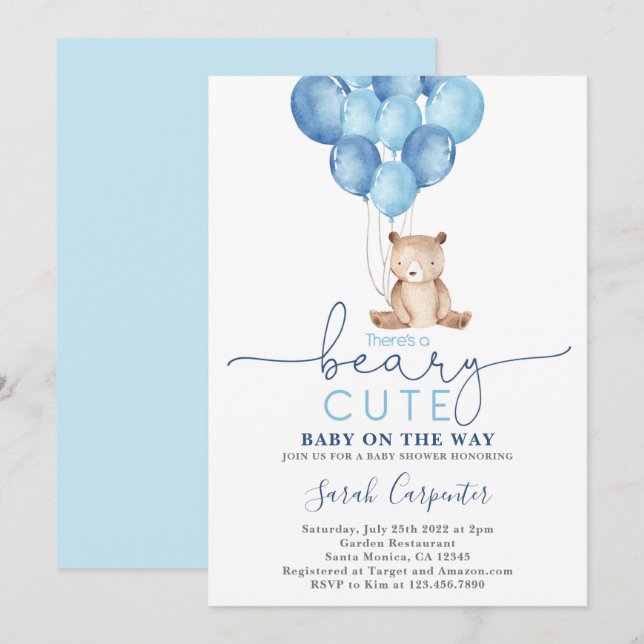 Nalle Baby Shower Boy Inbjudningar (Fram/baksida)