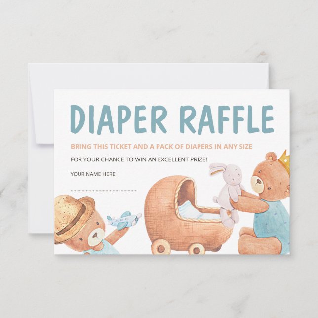 Nalle Baby Shower Diaper Raffle Biljett Inbjudningar (Framsida)