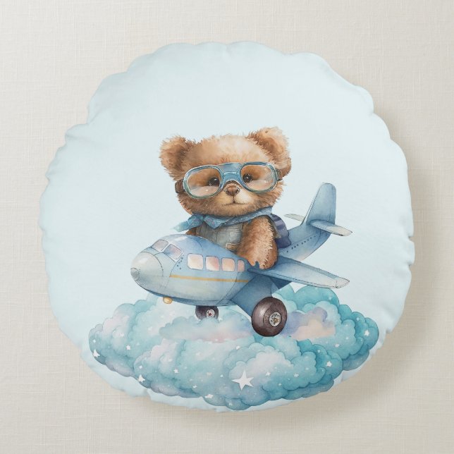 Nalle Baby Shower Gift Boy Blue Bear Rund Kudde (Framsidan)