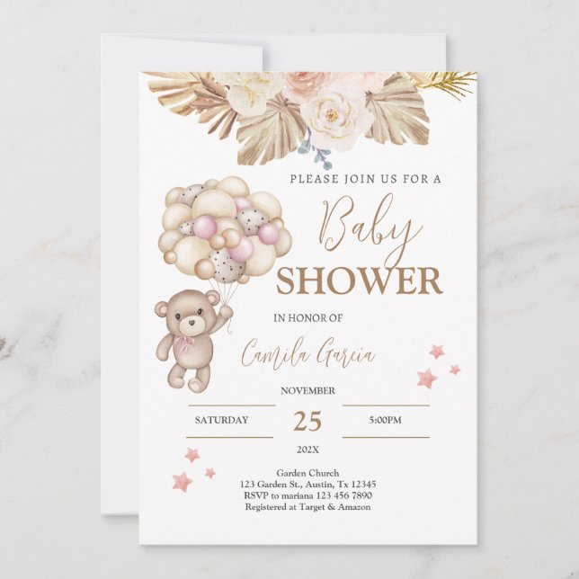 Nalle Baby Shower Girl-inbjudan Inbjudningar (Framsida)