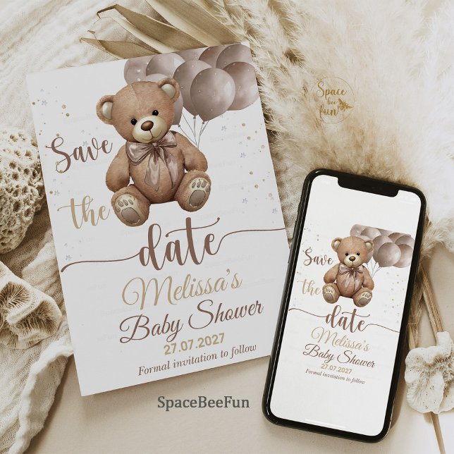 Nalle Baby Shower Inbjudan spara datumet (Teddy Bear,Baby Shower,Invitation,We Can Bearly Wait,Boy invites,hot air balloon,save she date,Bear )