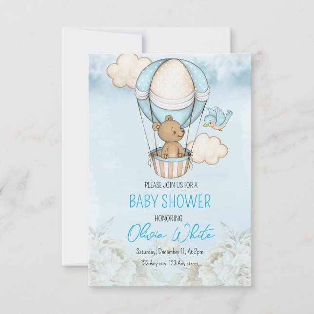 Nalle Baby Shower Luft Balloon Boy Shower Inbjudningar (Framsida)