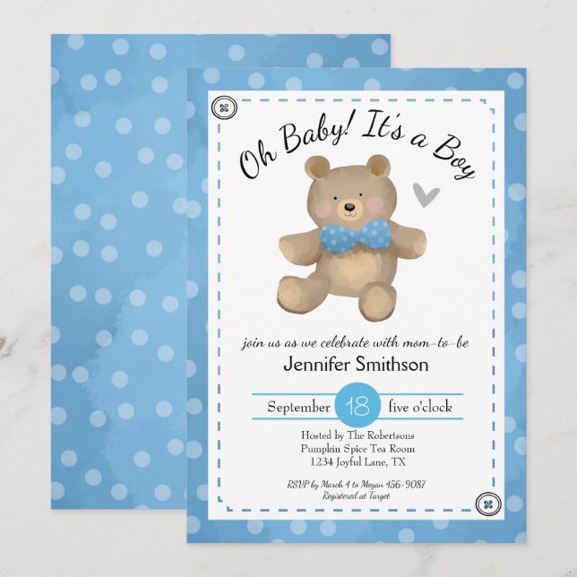 Nalle Baby Shower Oh Baby Inbjudningar (Fram/baksida)