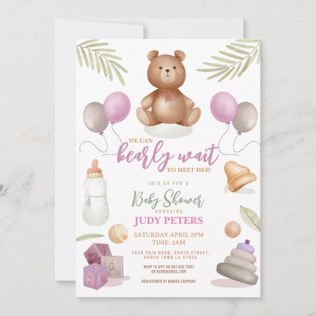 Nalle Baby Shower Rosa Girl Girl Barely Wait Inbjudningar (Framsida)
