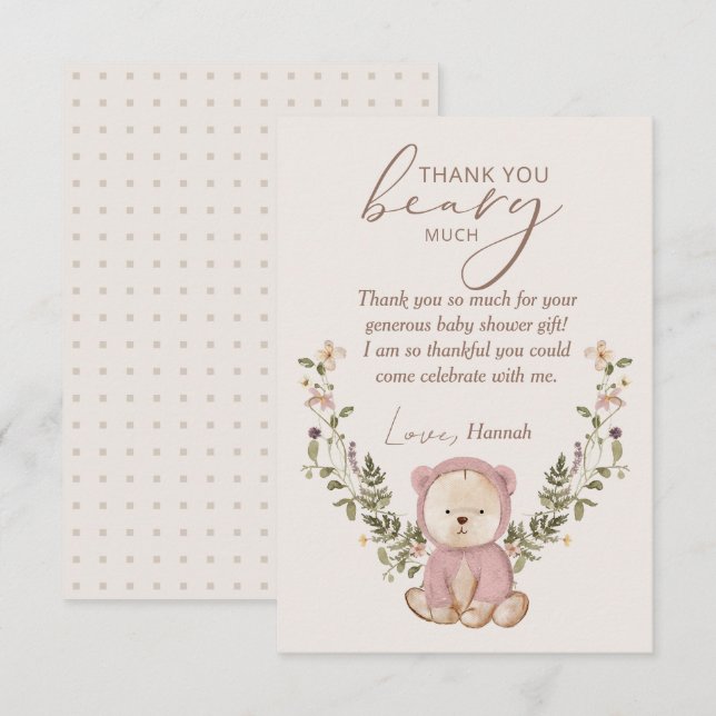 Nalle Baby Shower Rosa Girl Girl Girl Tack Kort (Fram/baksida)