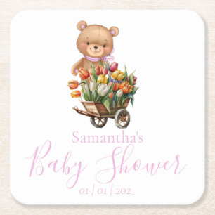 Nalle Baby Shower rosa rustik blommigt Underlägg Papper Kvadrat