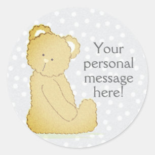 Nalle Baby Shower Round Sticker grått och brun Runt Klistermärke