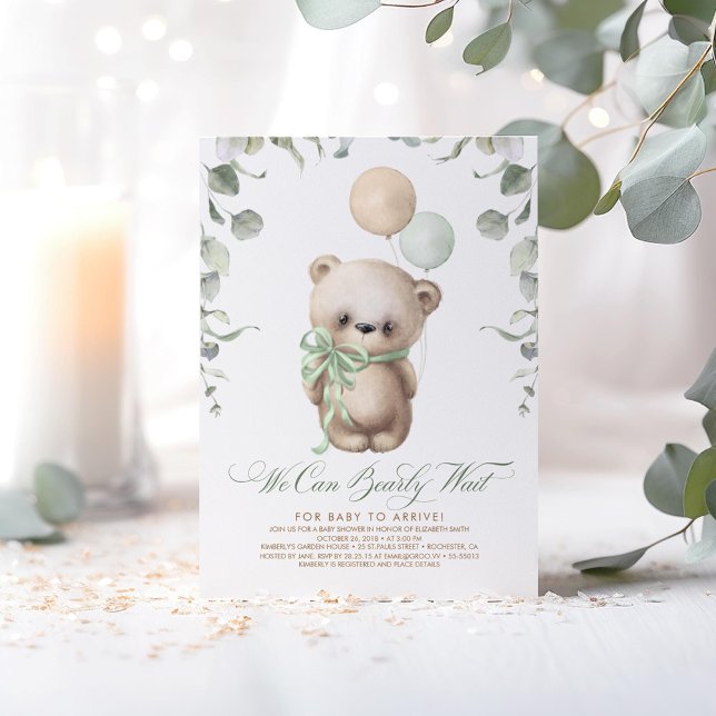 Nalle Baby Shower Sage Grönt och Brown Inbjudningar (We Can Bearly Wait - Cute Bear Themed Beige and Sage Baby Shower Invitations)