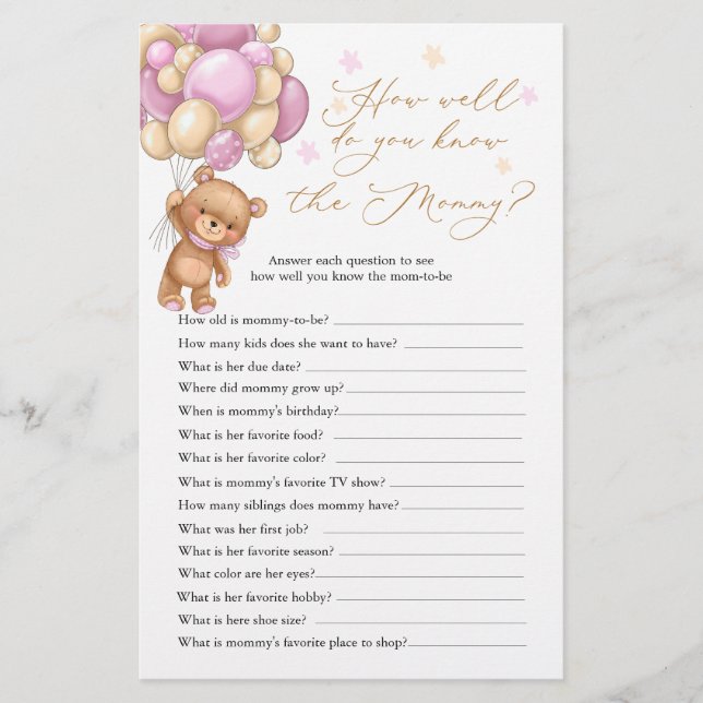 Nalle Baby Shower-spel som känner Mamma bäst (Framsida)