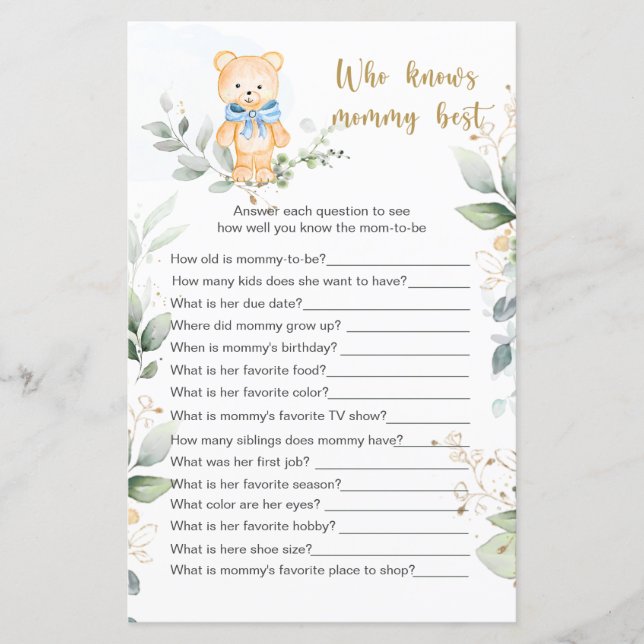 Nalle Baby Shower-spel som känner Mamma bäst (Framsida)