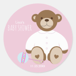 Nalle Baby Shower Sticker, rosa, bakgrund Runt Klistermärke