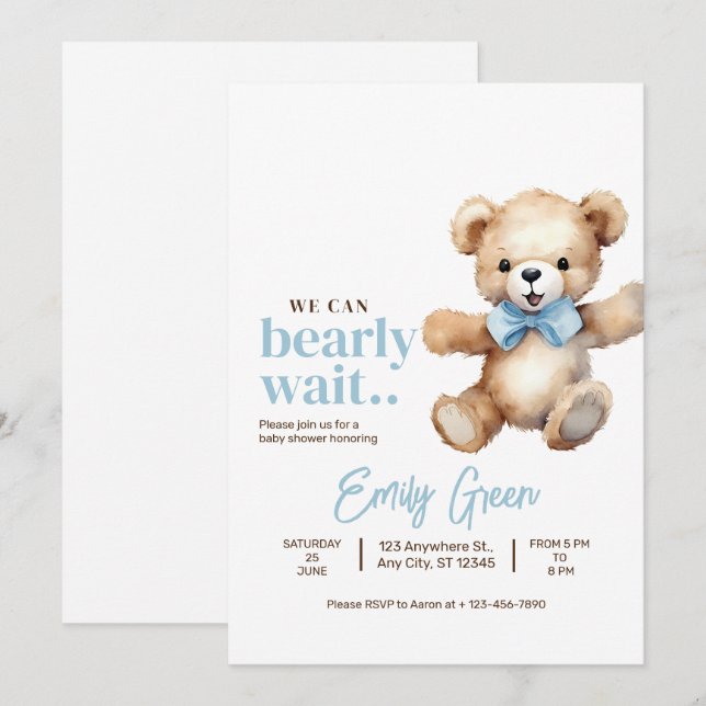 Nalle Baby Shower, vi kan bota vänta Boy Inbjudningar (Fram/baksida)