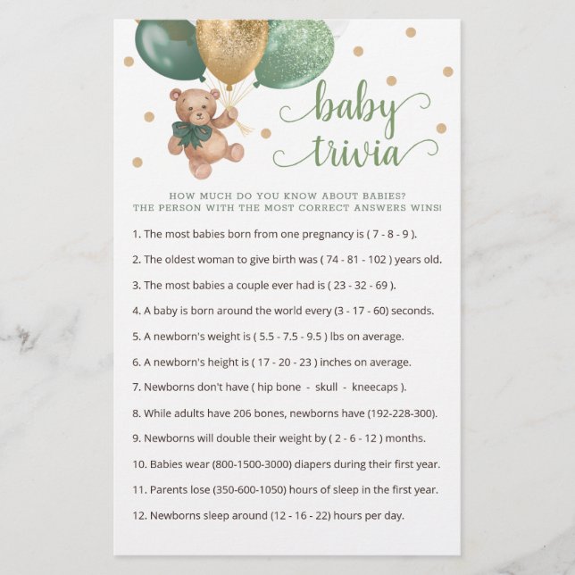 Nalle Baby Trivia Game Baby Shower (Framsida)