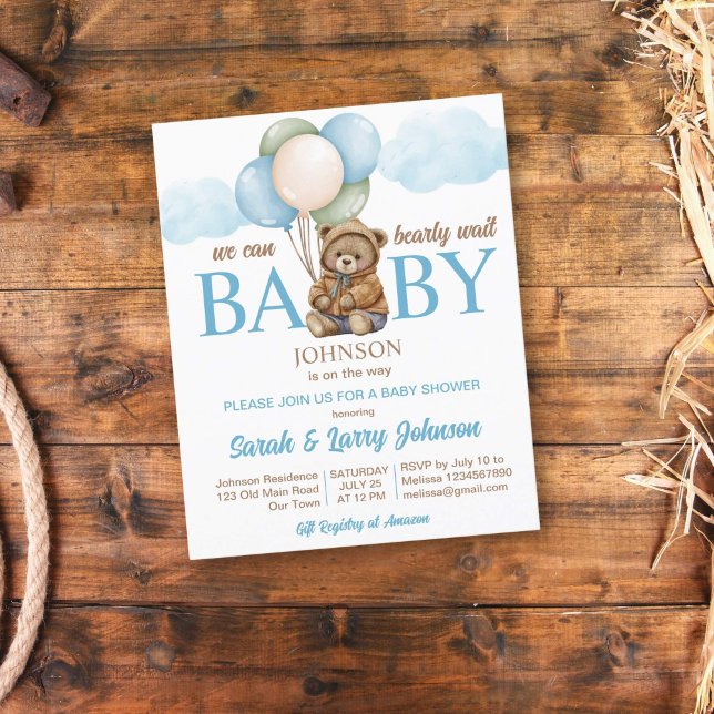 Nalle babydusch budget inbjudan Bearly wait (Teddy bear with balloons baby shower budget invitation template cute teddy with balloons brown blue)