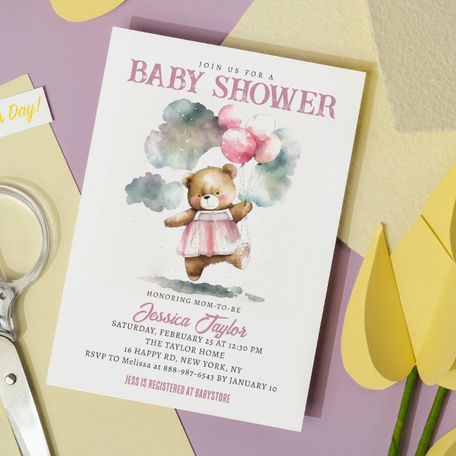 Nalle Ballods Clouds Girly Baby Shower Inbjudningar (Skapare uppladdad)