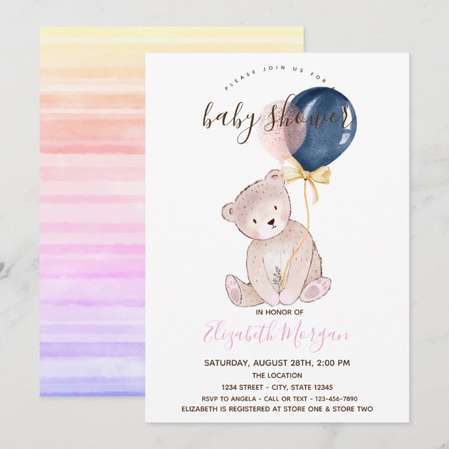 Nalle Balloes Ombre Stripe Baby Shower Inbjudningar (Fram/baksida)